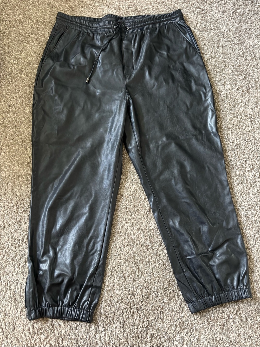 PAIGE Women’s Black Faux Leather Jogger Pants - Casual Drawstring Waist